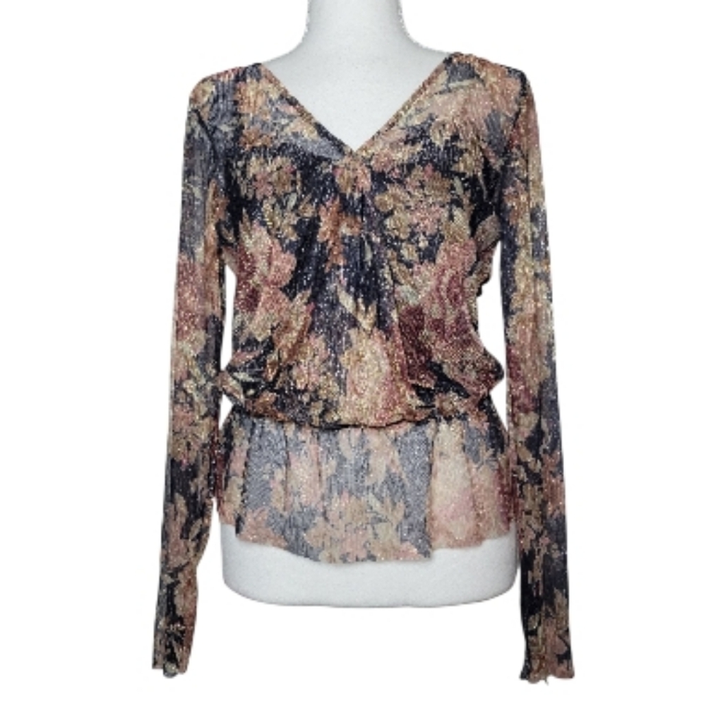 SALE NWT Brannan Metallic Floral Peplum Blouse Long Sheer Sleeve Tie Back M - Picture 2 of 13